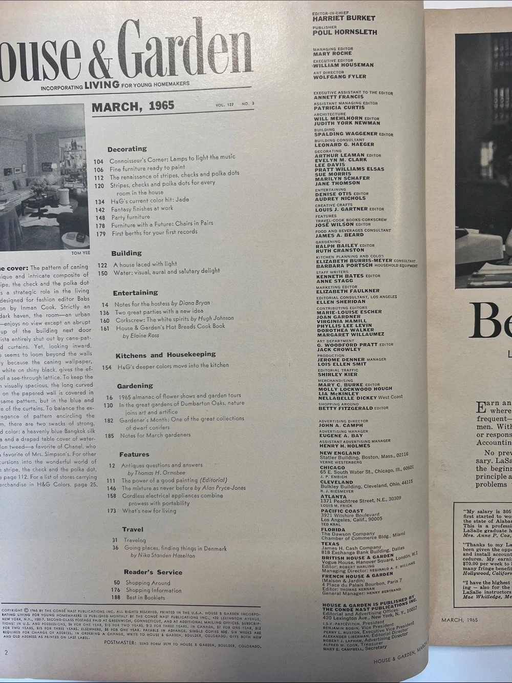 1965 Vintage  House & Garden Magazine decorating March 1965